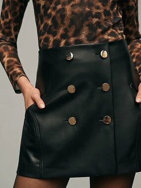 Anthropologie Black Faux Leather Mini Skirt with Gold Buttons